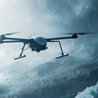 Drone in storm over roiling waters