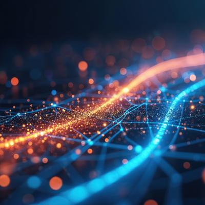 Abstract graphic showing glowing blue and orange data streams flowing across a network of connected nodes, conveying digital connectivity, information flow and collaboration.