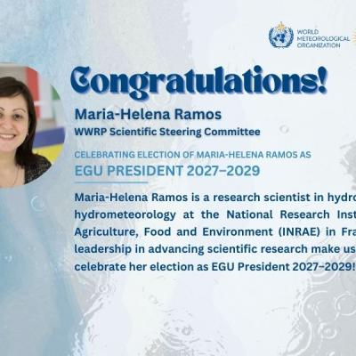 Maria-Helena Ramos is congratulated for being elected EGU President 2027–2029, highlighted as a hydrology researcher at INRAE, with a portrait of her on the left.
