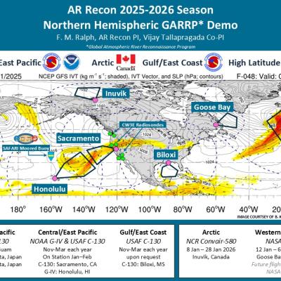 Map displaying AR Recon flight routes for the 2025-2026 season across the Northern Hemisphere, with departure locations, expected paths, and meteorological data overlays.