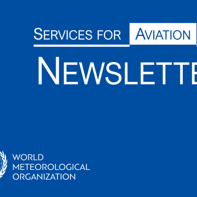 World Meteorological Organization graphic with text: "Services for Aviation Newsletter" and an airplane icon on a blue background.