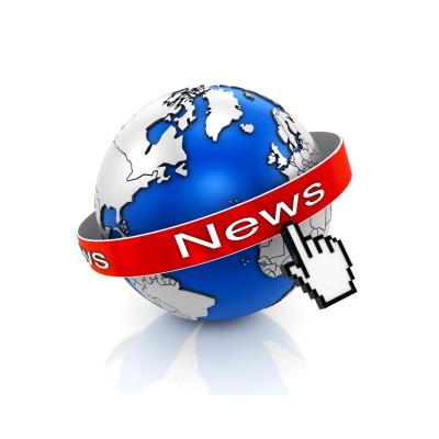 A computer mouse cursor clicks on a red "News" banner wrapped around a globe, symbolizing global online news access.