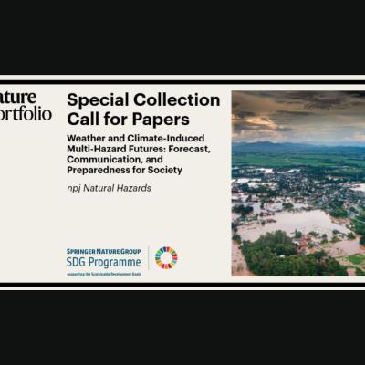 Nature Portfolio call for papers on weather and climate-induced hazards, with an image of a flooded town and cloudy sky, promoting the Springer Nature Group SDG Programme.