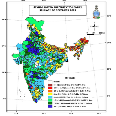 Map of India showing the Standardized Precipitation Index for January–December 2025, with regions marked from extremely dry (red) to extremely wet (blue) based on SPI values.