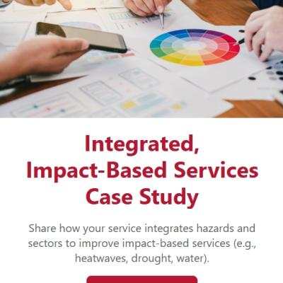 Two people review documents and a color wheel at a table. Text promotes an integrated, impact-based services case study with a "Start now" button.