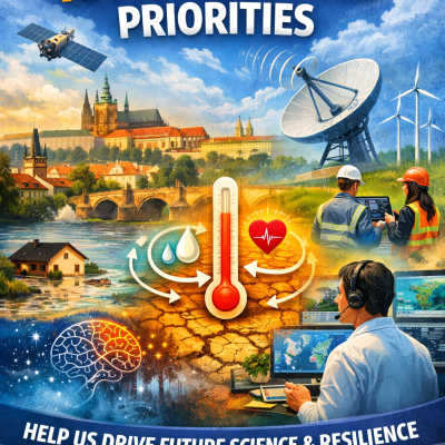 Poster inviting participation in shaping RA VI research priorities, featuring scientific imagery, landscapes, and a message on driving future science and resilience.