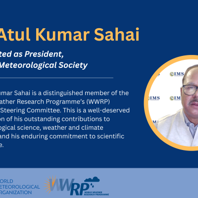 Dr. Atul Kumar Sahai is announced as President of the Indian Meteorological Society, with a photo and summary of his scientific contributions.