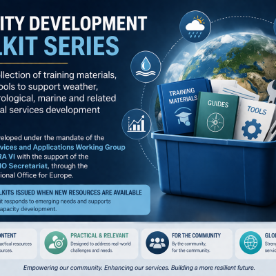A blue bin filled with documents labeled training materials, guides, and tools represents the Capacity Development Toolkit Series for environmental services, with informational text and icons.