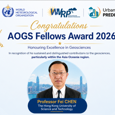 Award announcement for the AOGS Fellows Award 2026, honoring Professor Fei Chen for excellence in geosciences, with logos of supporting organizations and his portrait displayed.