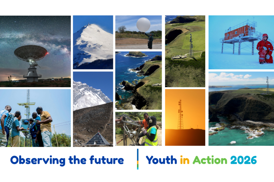 Collage of scientific research activities and landscapes, including telescopes, mountains, researchers, radio towers, and an Arctic station. Text reads “Observing the future | Youth in Action 2026.”.