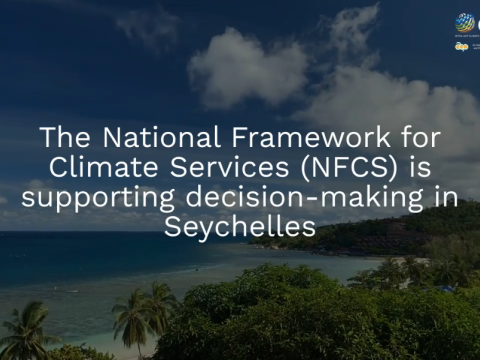 A tropical coastline with the text: "The National Framework for Climate Services (NFCS) is supporting decision-making in Seychelles" overlayed on the image. ClimSA and EU logos in the top right corner.